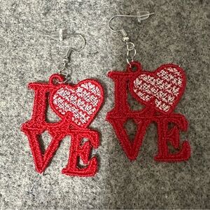 Embroidered Freestanding Lace Red LOVE Heart Earrings